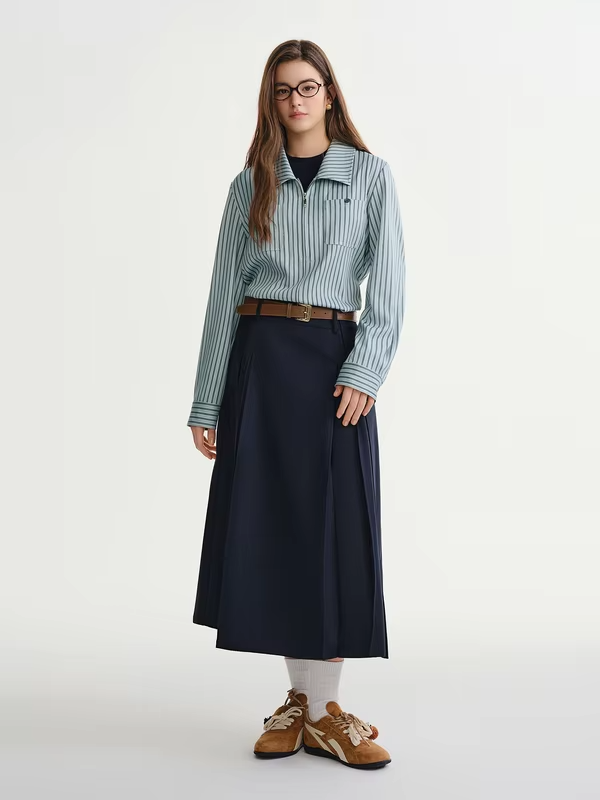 DUSHU Fake Two-piece T-shirt Striped Shirt 2025 Winter New Products Classic Leisure Simple Chic Streetwear Office Ladies BF