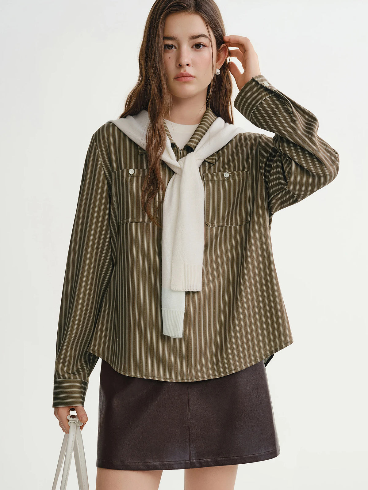 DUSHU Fake Two-piece T-shirt Striped Shirt 2025 Winter New Products Classic Leisure Simple Chic Streetwear Office Ladies BF