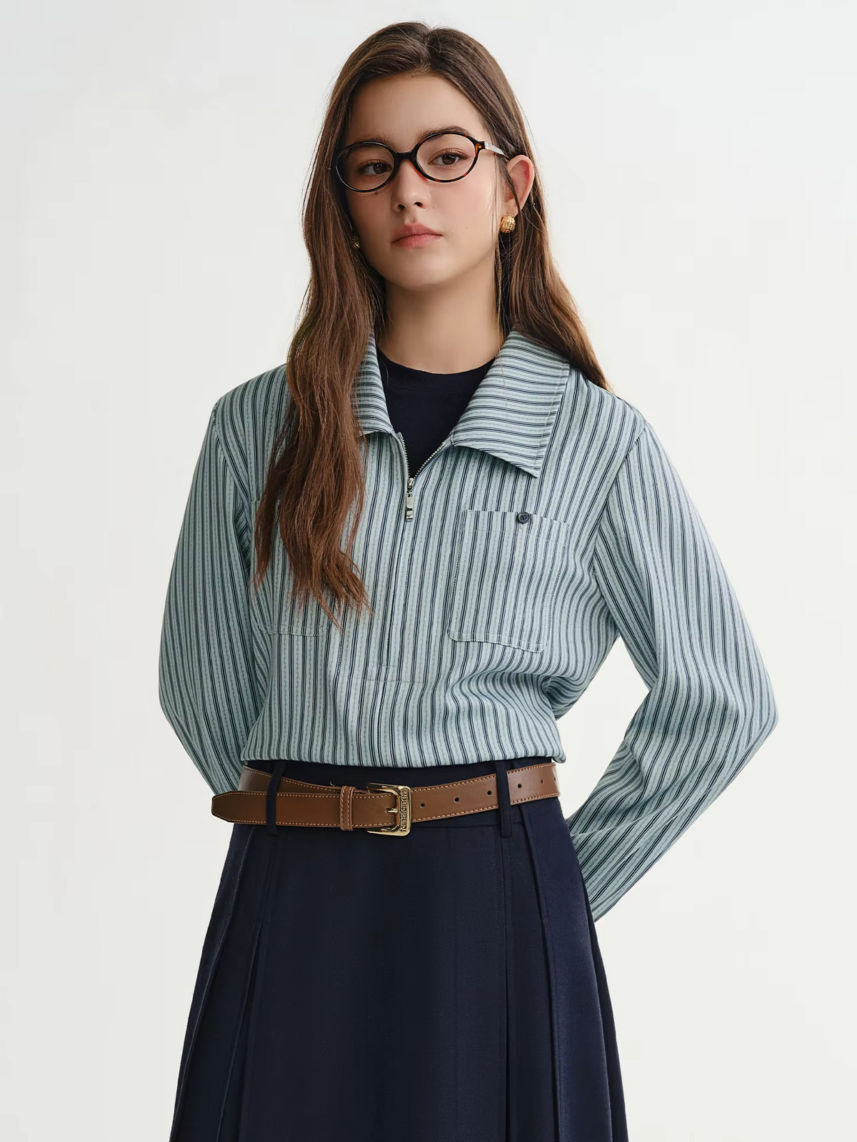DUSHU Fake Two-piece T-shirt Striped Shirt 2025 Winter New Products Classic Leisure Simple Chic Streetwear Office Ladies BF
