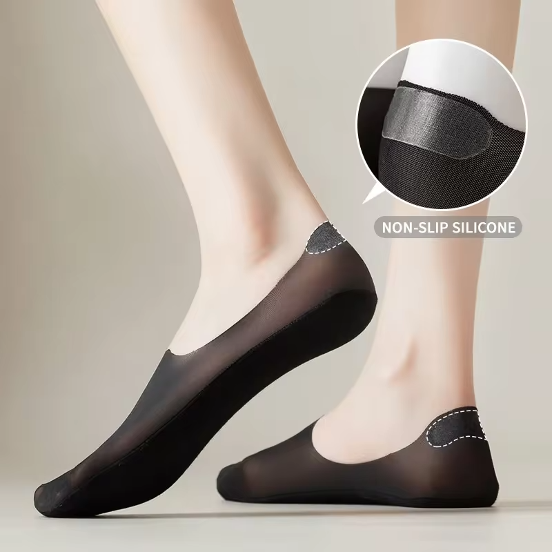4 Pairs Summer Ultra-thin Invisible Low Cut Socks Silicone Anti-slip Mesh No Show Socks Cotton Ice Silk Solid Women Sock Slipper