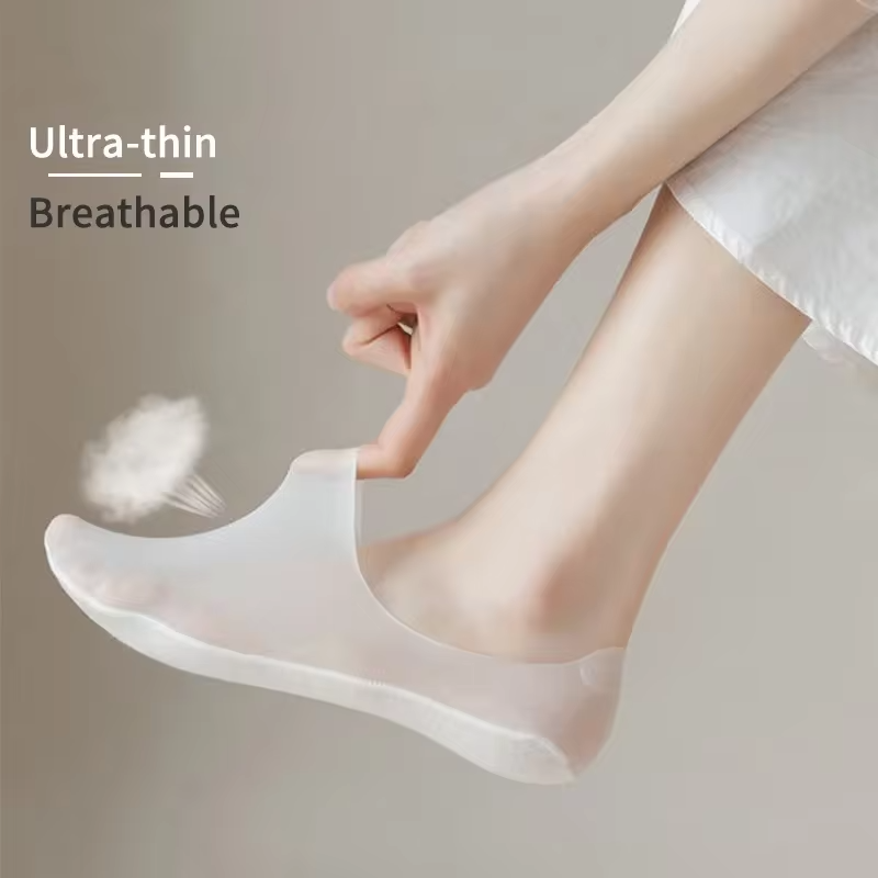 4 Pairs Summer Ultra-thin Invisible Low Cut Socks Silicone Anti-slip Mesh No Show Socks Cotton Ice Silk Solid Women Sock Slipper