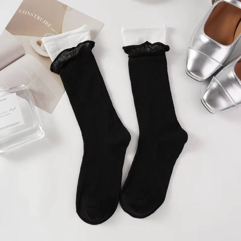 Women's Socks Breathable Fake Two Pieces Fashoin Cotton Socks Striped Simple Solid Color Comfortable Autumn Middle Tube Sock