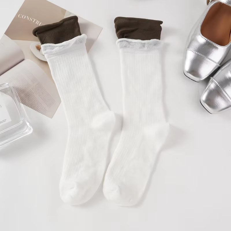 Women's Socks Breathable Fake Two Pieces Fashoin Cotton Socks Striped Simple Solid Color Comfortable Autumn Middle Tube Sock