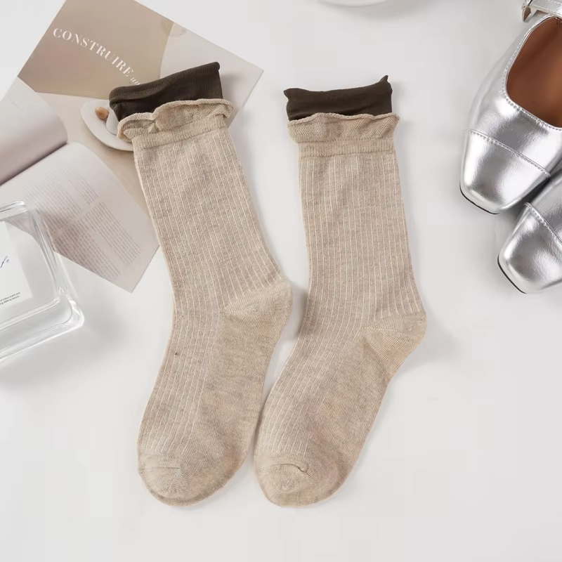 Women's Socks Breathable Fake Two Pieces Fashoin Cotton Socks Striped Simple Solid Color Comfortable Autumn Middle Tube Sock