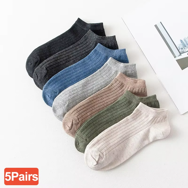 5 Pairs Women Solid Casual Cotton Short Socks Pack Ladies Fashion Concise Stripe Breathable Comfortable Popular Ankle Socks Set